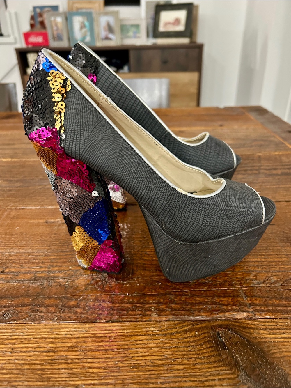 Women's Black Platform Peep-Toe Heels with Multicolor Sequin Block Heel